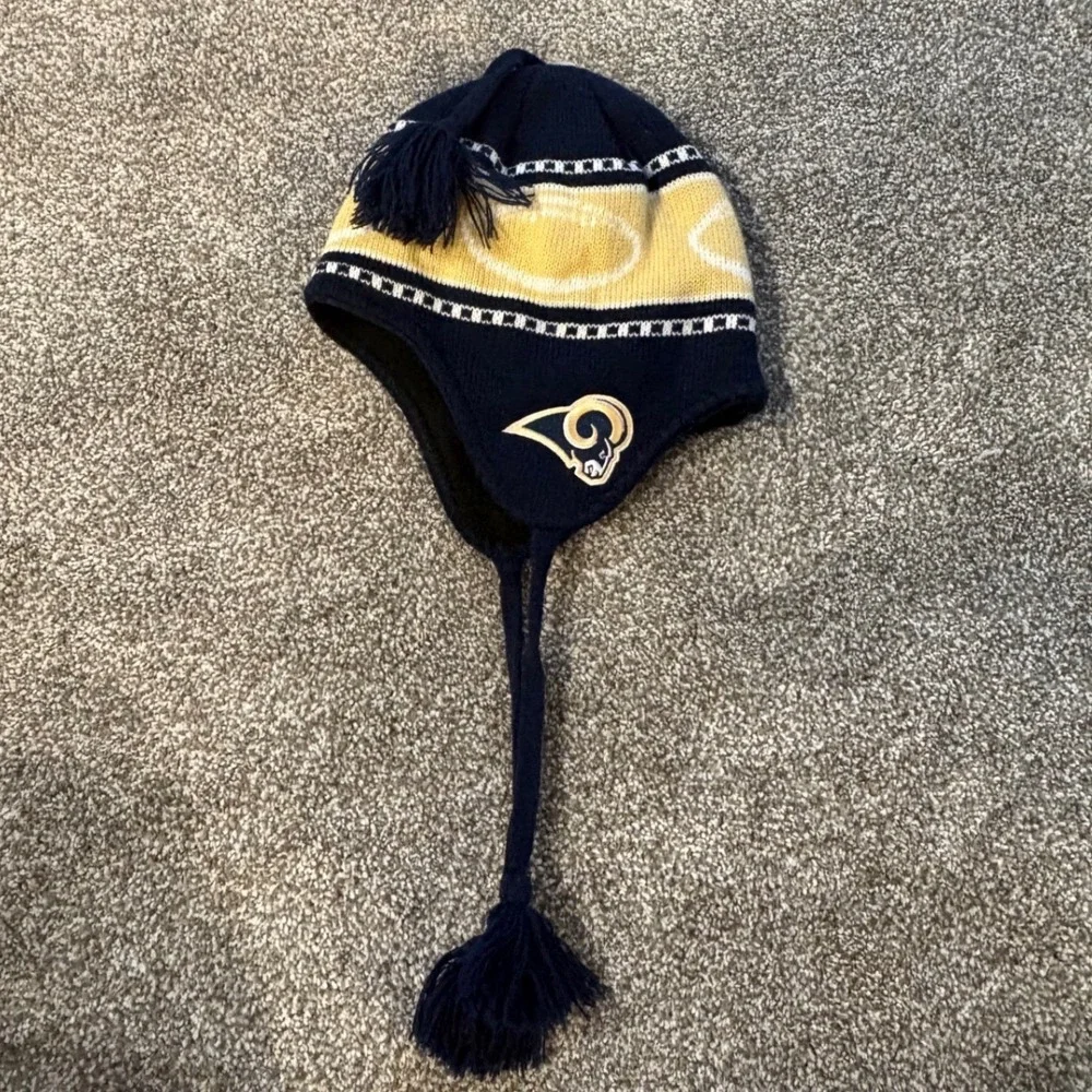 NFL Los Angeles Rams Kids Fleece Lined Knit Beanie Ear Flap Hat Navy Yellow